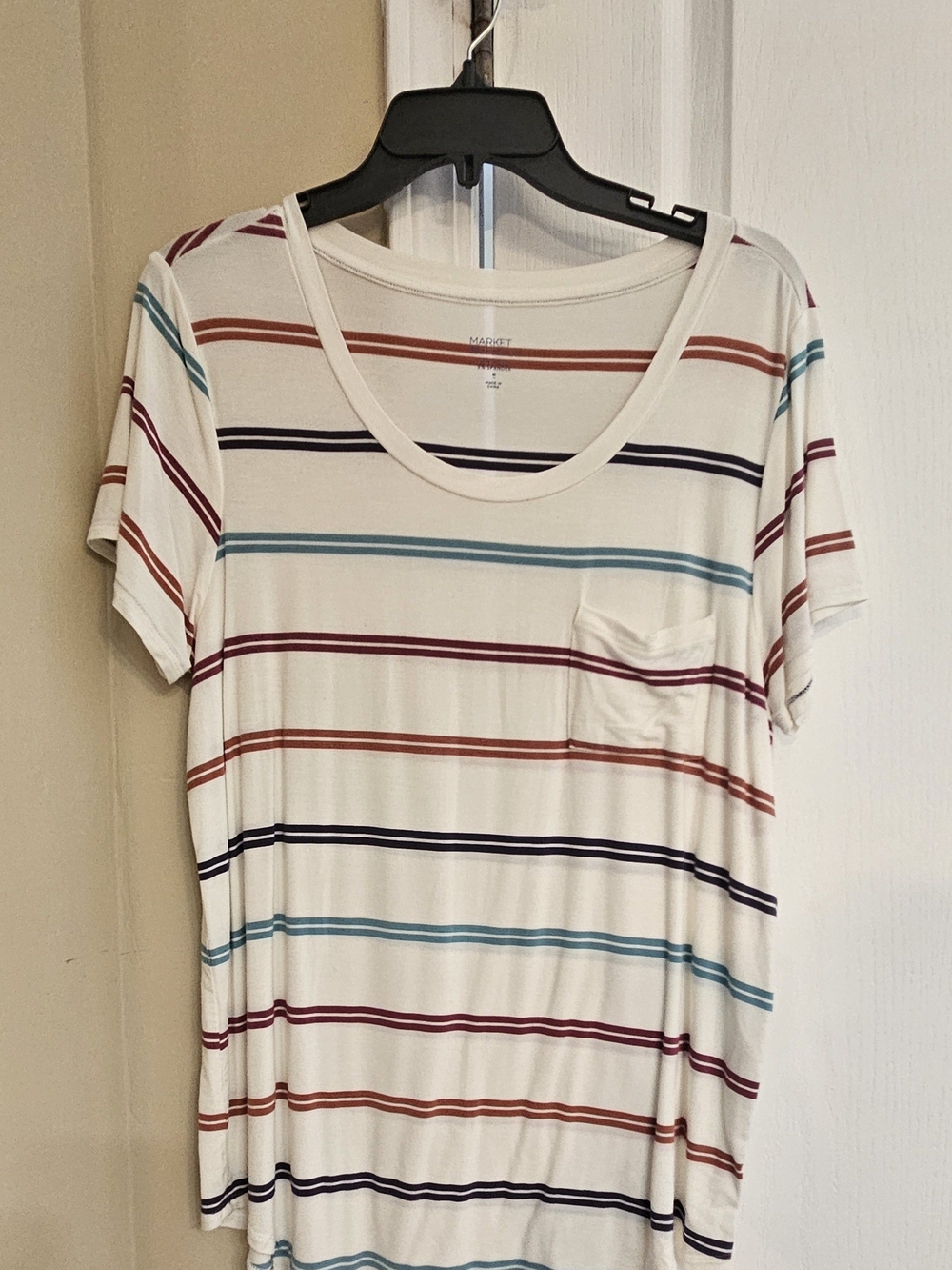 Market & Spruce Ivory Tee with Multicolor Stripes and Pocket